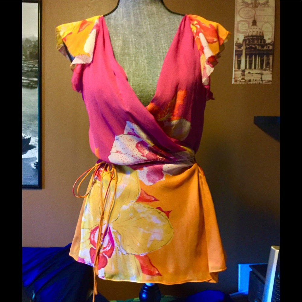 Tropical Silk Chiffon V Neck Wrap Designer top